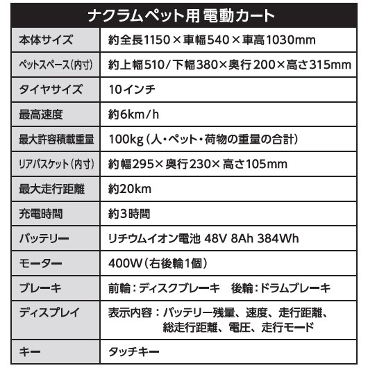 ナクラムペット用電動カート<br>C400S WH