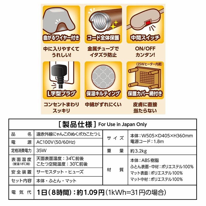 遠赤外線にゃんこの<br>ぬくポカこたつ L